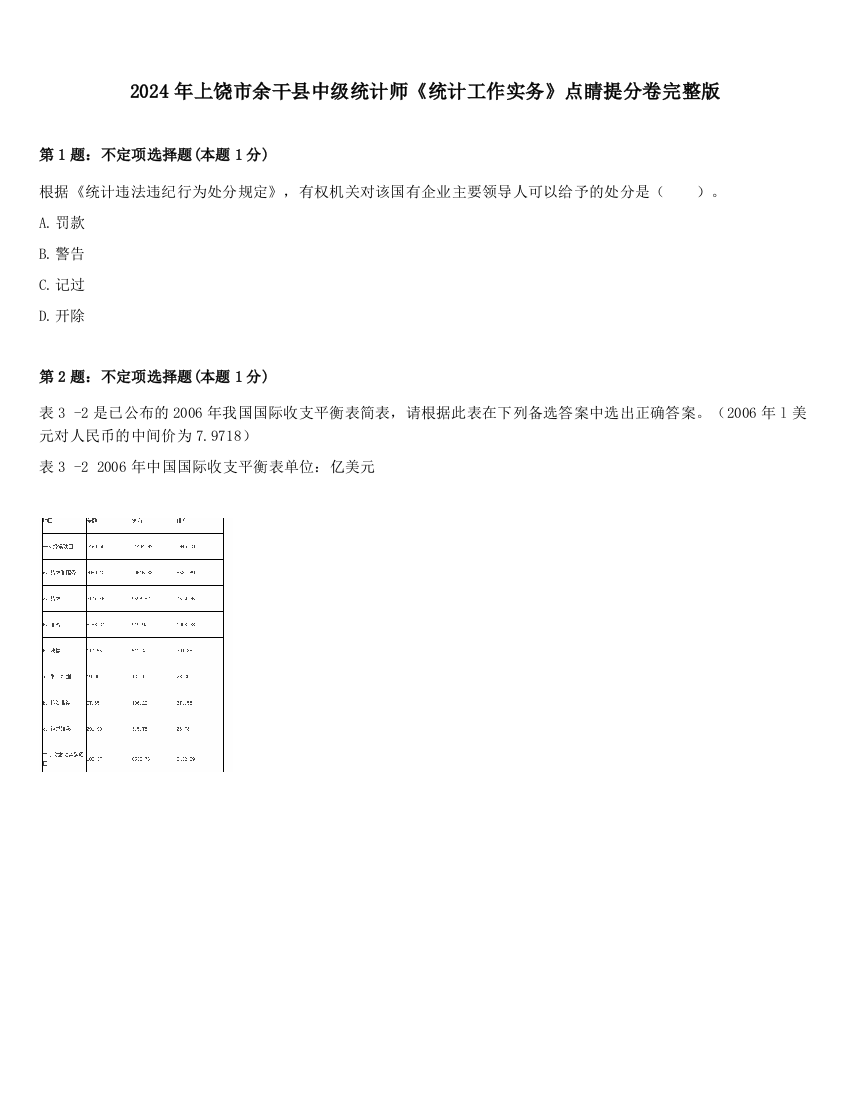 2024年上饶市余干县中级统计师《统计工作实务》点睛提分卷完整版