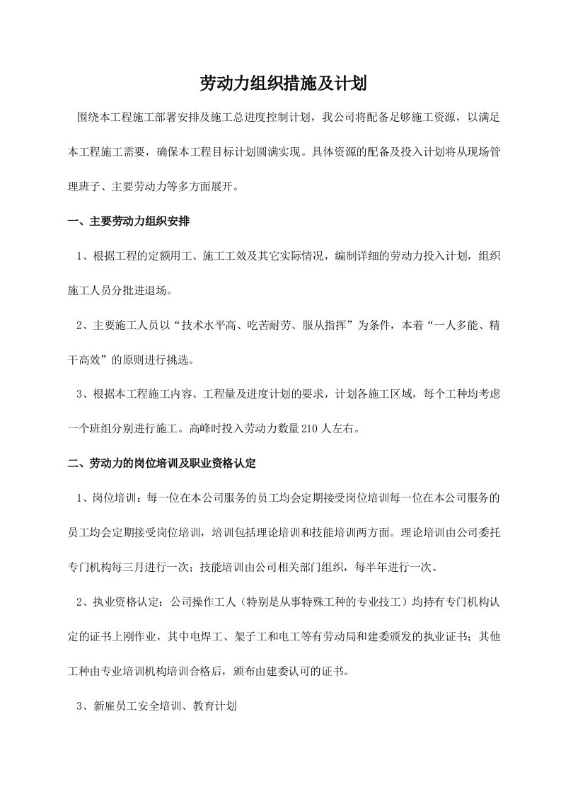 劳动力组织措施及计划