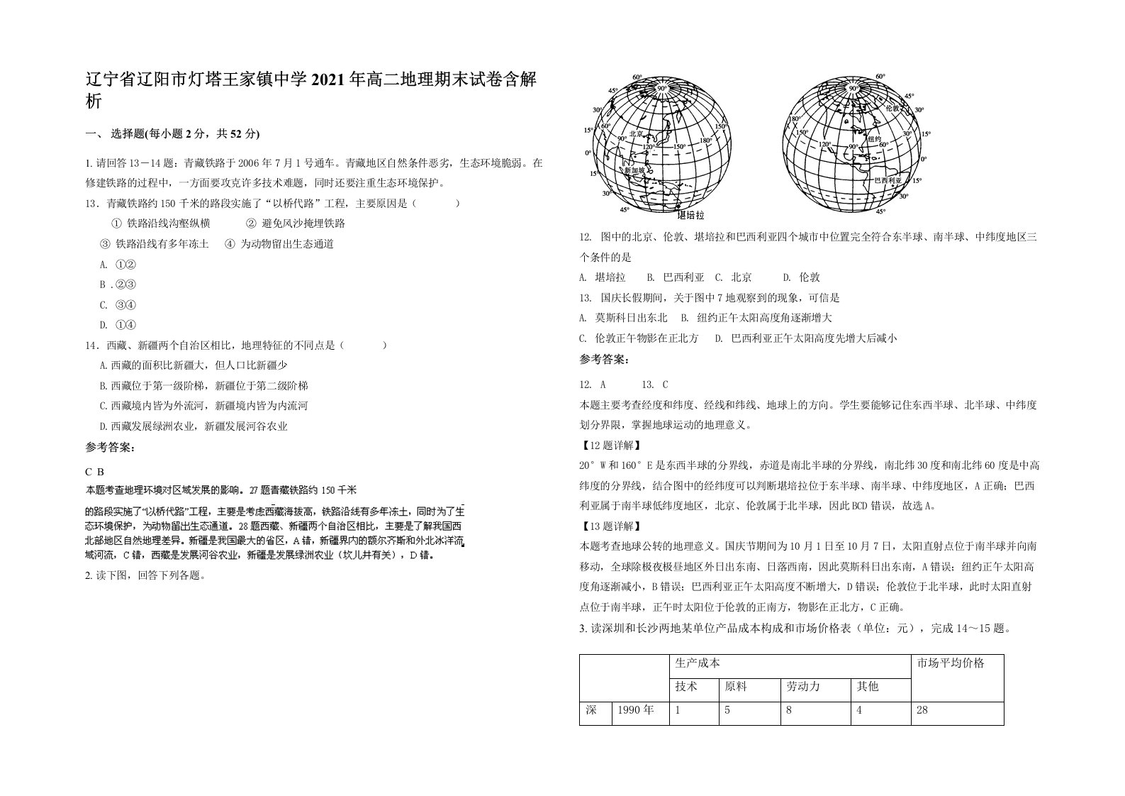 辽宁省辽阳市灯塔王家镇中学2021年高二地理期末试卷含解析