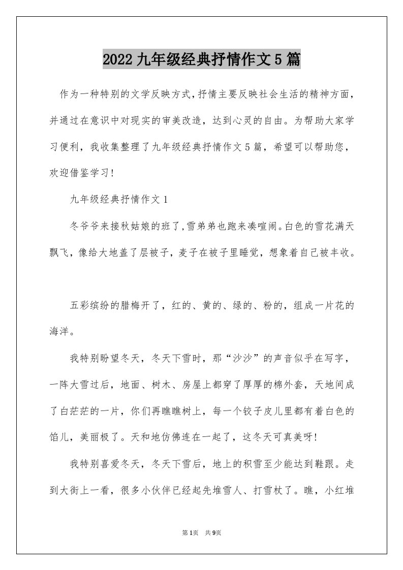 2022九年级经典抒情作文5篇