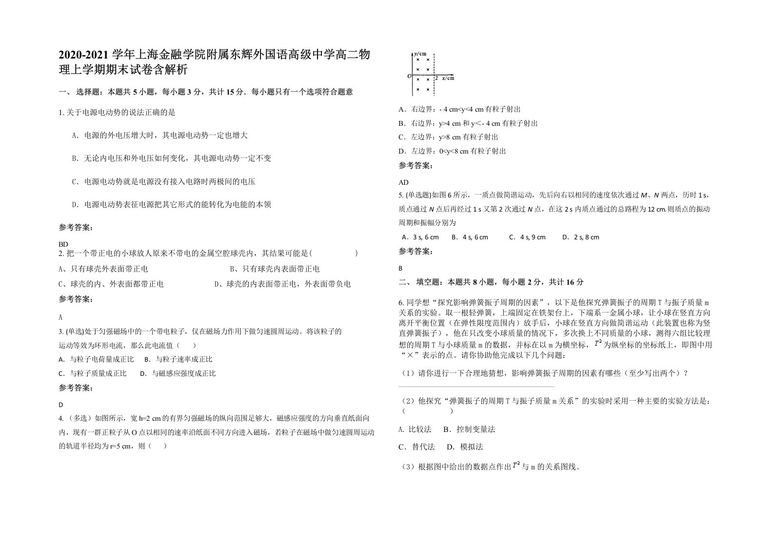 2020-2021学年上海金融学院附属东辉外国语高级中学高二物理上学期期末试卷含解析