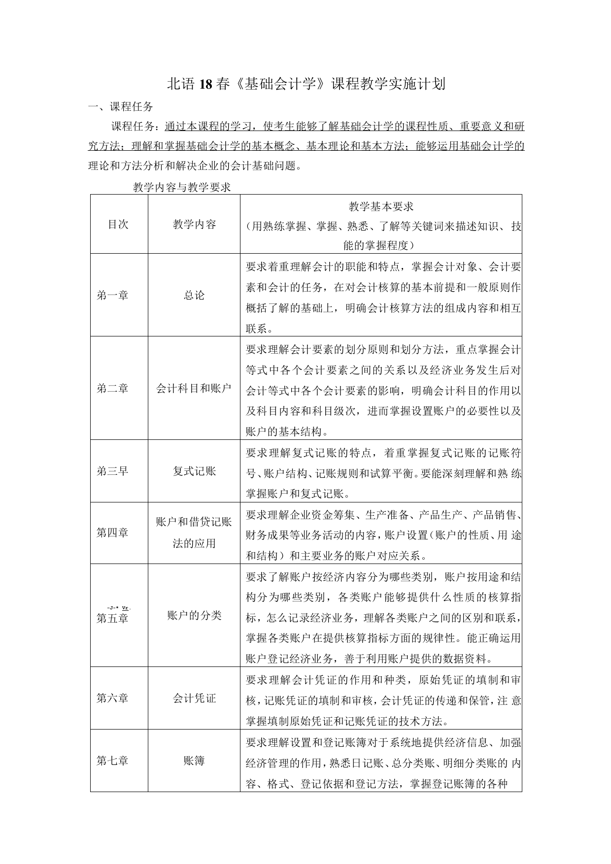 北语18春《基础会计学》课程实施计划