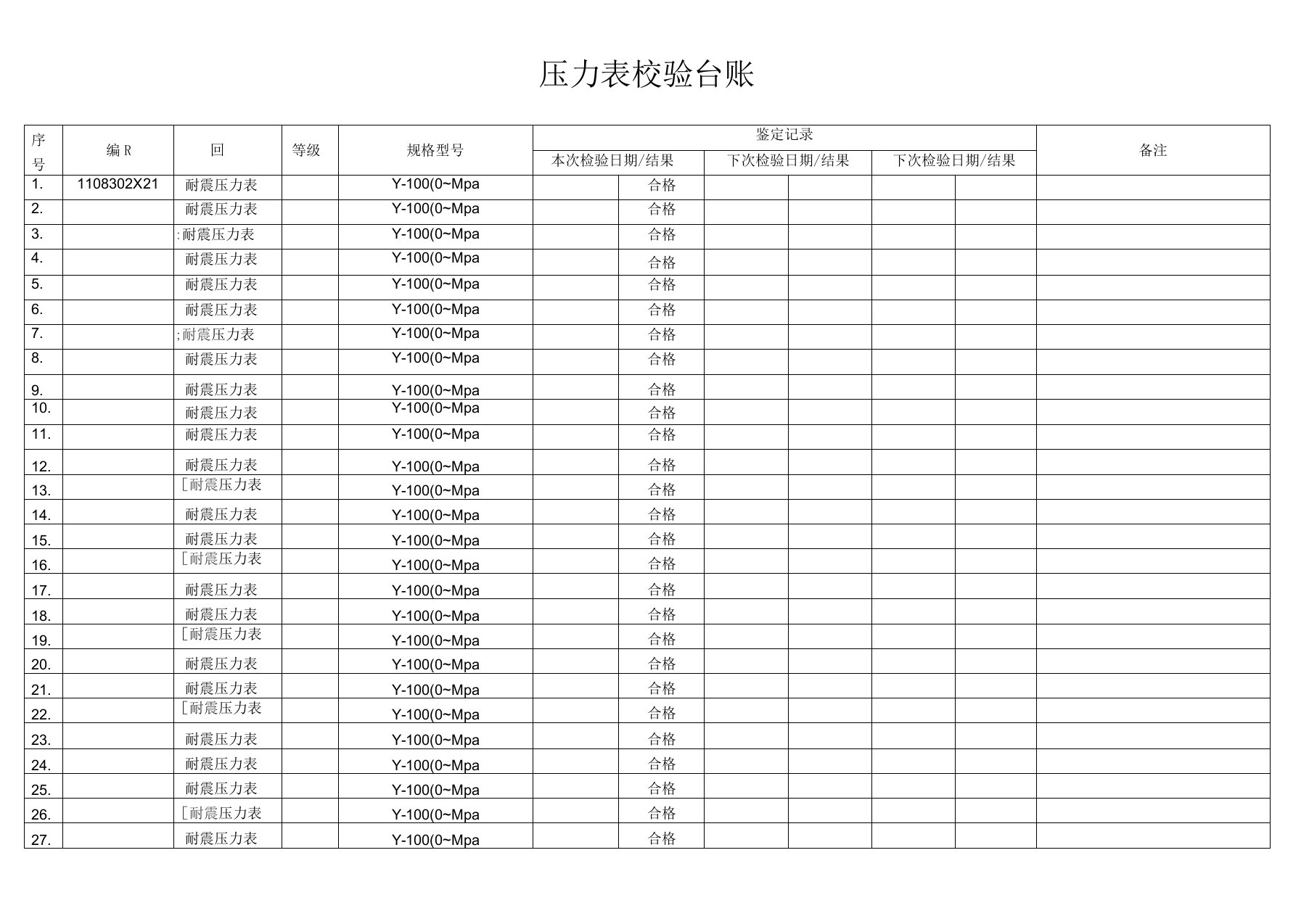 压力表校验台账