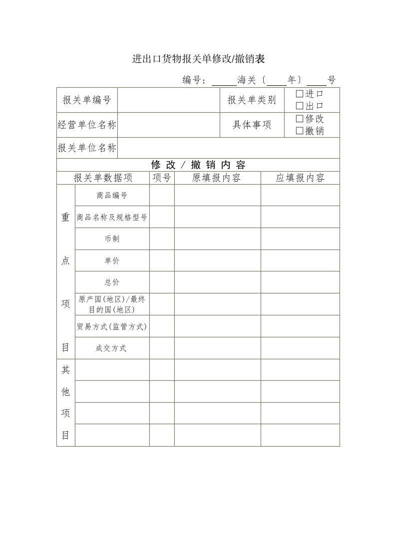 进出口货物报关单修改撤销表