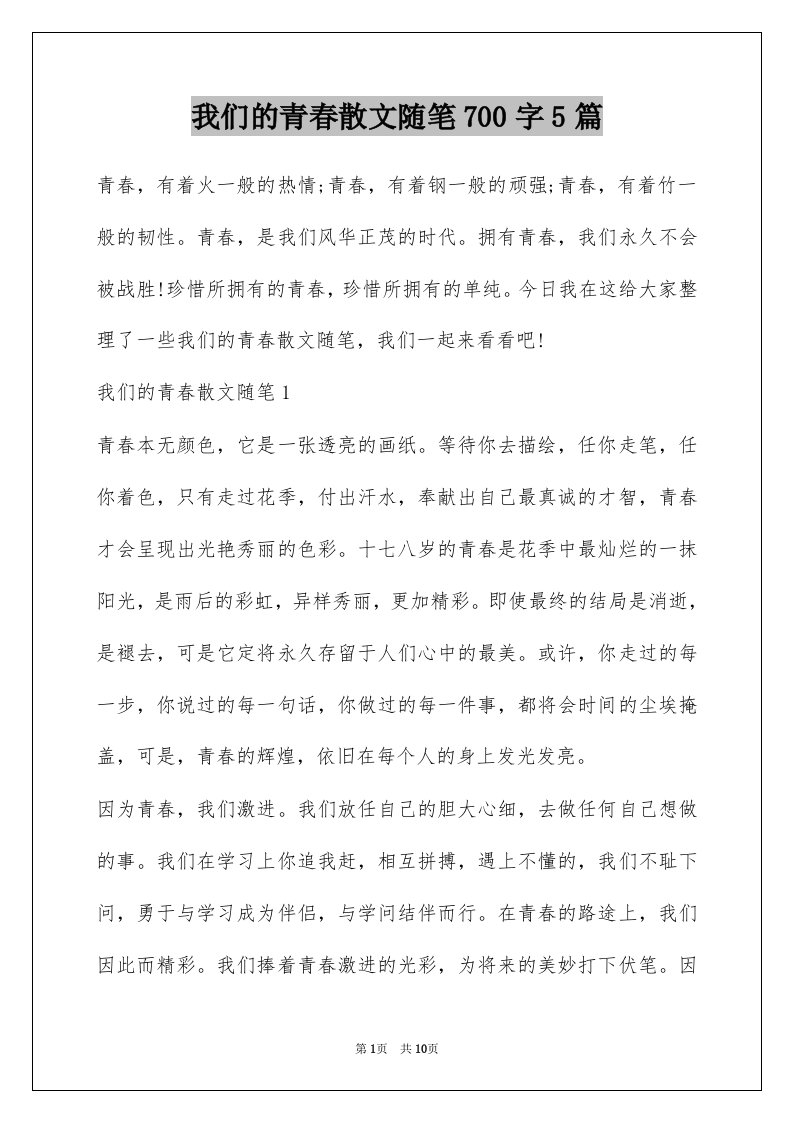 我们的青春散文随笔700字5篇