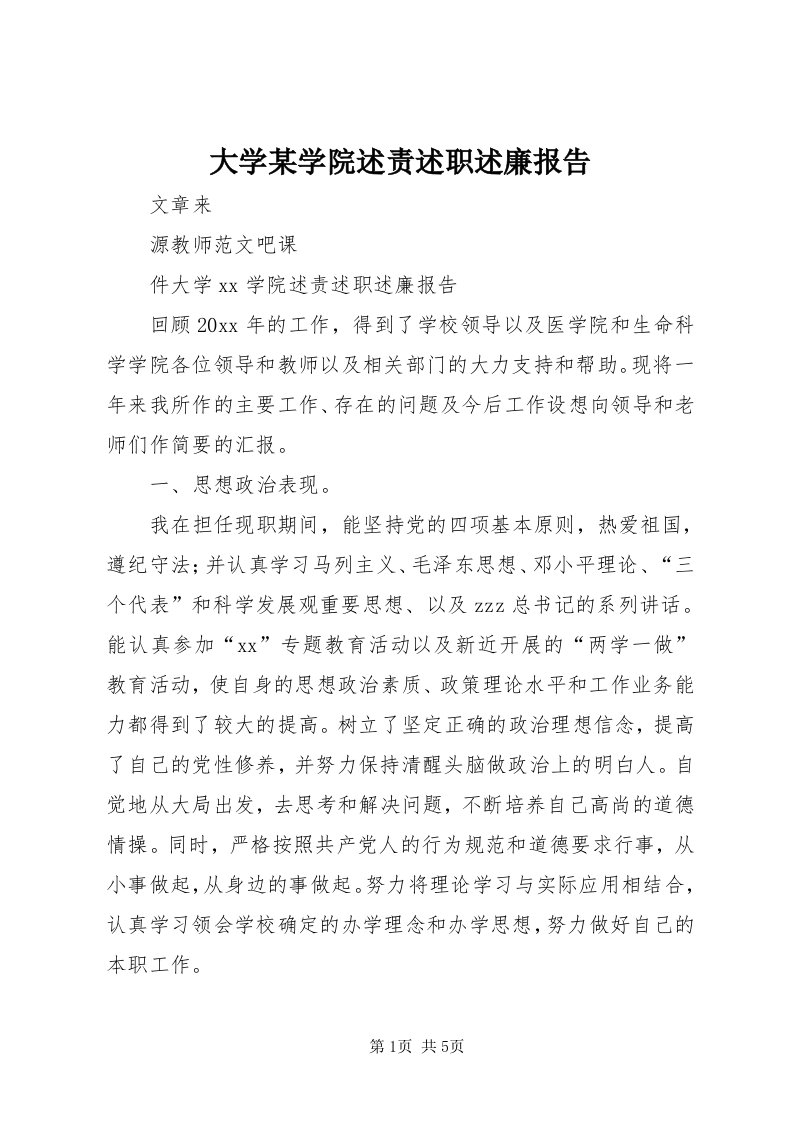 大学某学院述责述职述廉报告