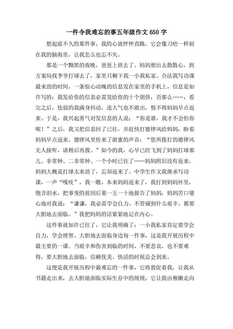 一件令我难忘的事五年级作文650字