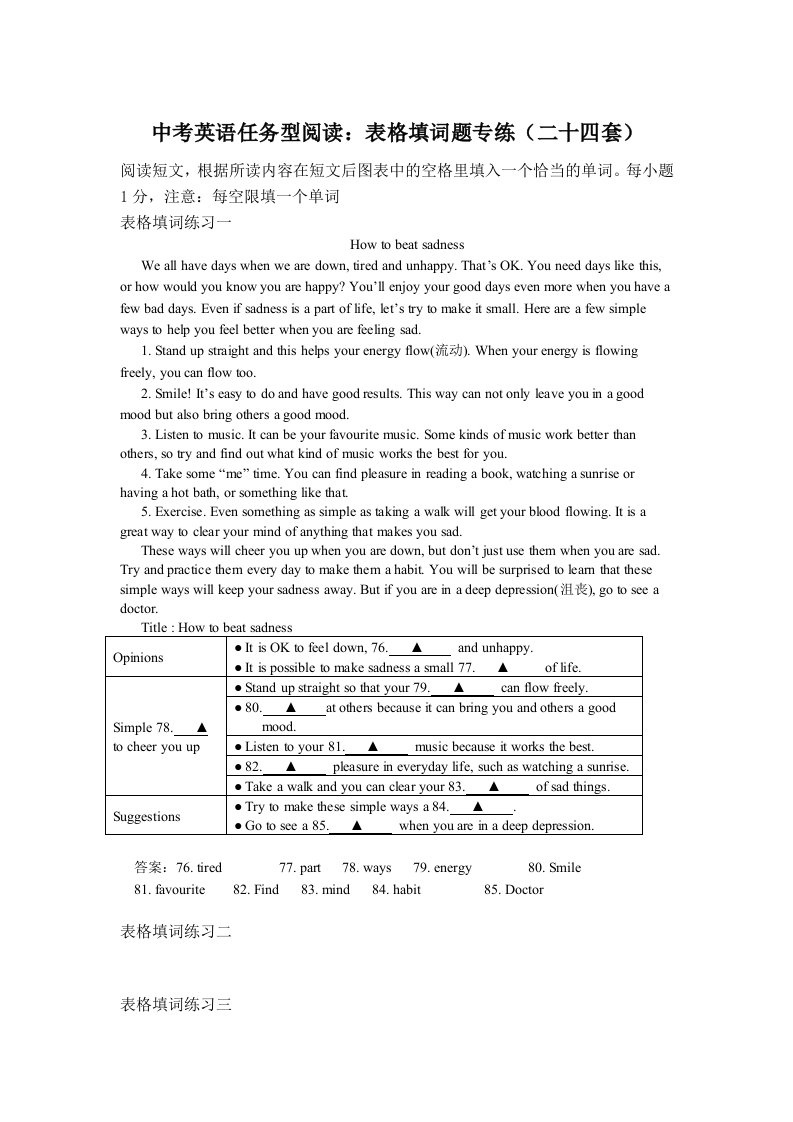 中考英语任务型阅读：表格填词题专练(附答案)