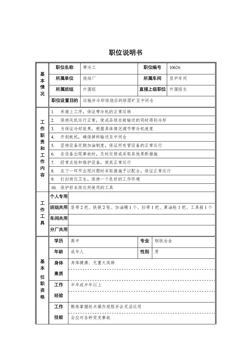 烧结厂竖炉车间外围组带冷工职位说明书