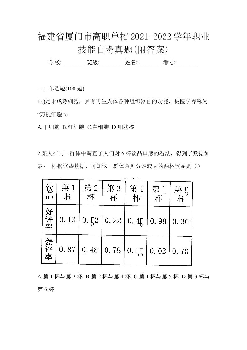 福建省厦门市高职单招2021-2022学年职业技能自考真题附答案