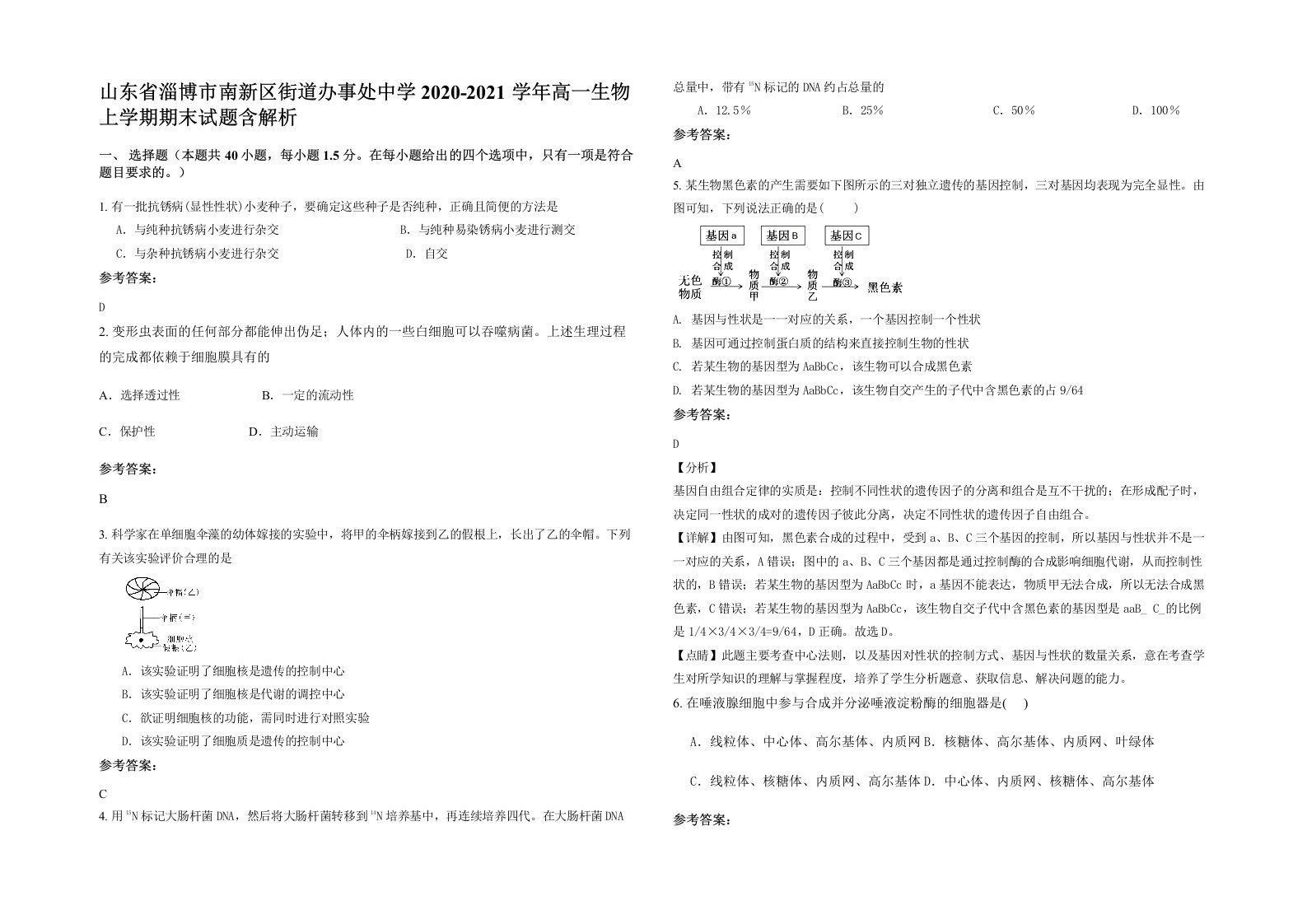 山东省淄博市南新区街道办事处中学2020-2021学年高一生物上学期期末试题含解析