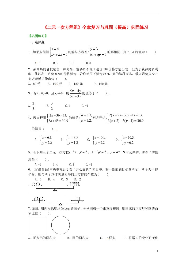 中考数学专练总复习《二元一次方程组》全章复习与巩固（提高）巩固练习