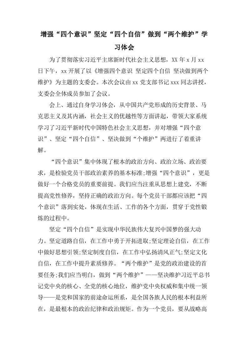 增强“四个意识”坚定“四个自信”做到“两个维护”学习体会