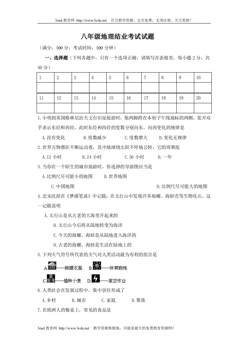 八年级下地理结业考试试题