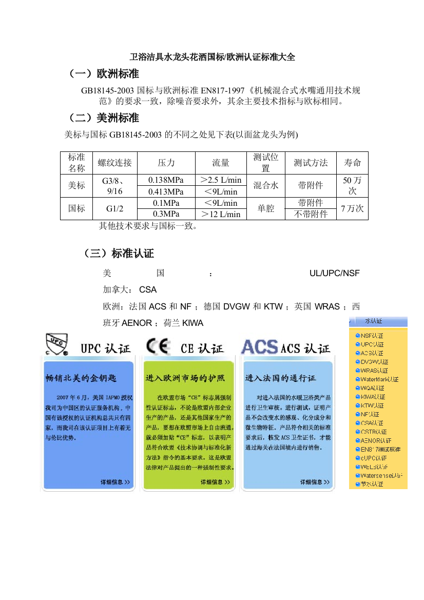 卫浴洁具水龙头花洒国标欧洲认证标准大全