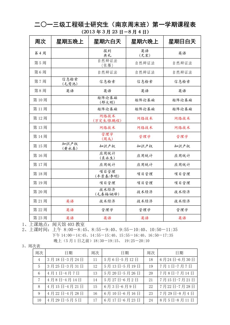 二一三级工程硕士研究生（南京周末班）第一学期课程表