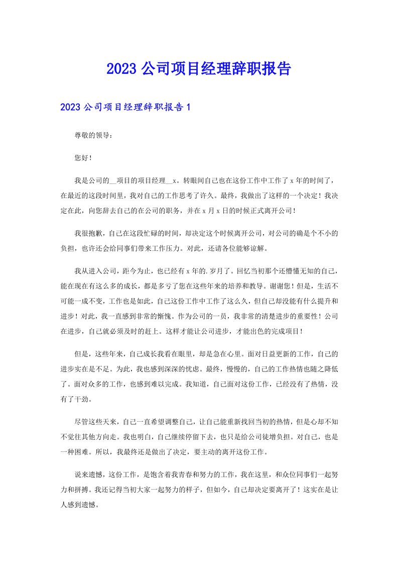 2023公司项目经理辞职报告