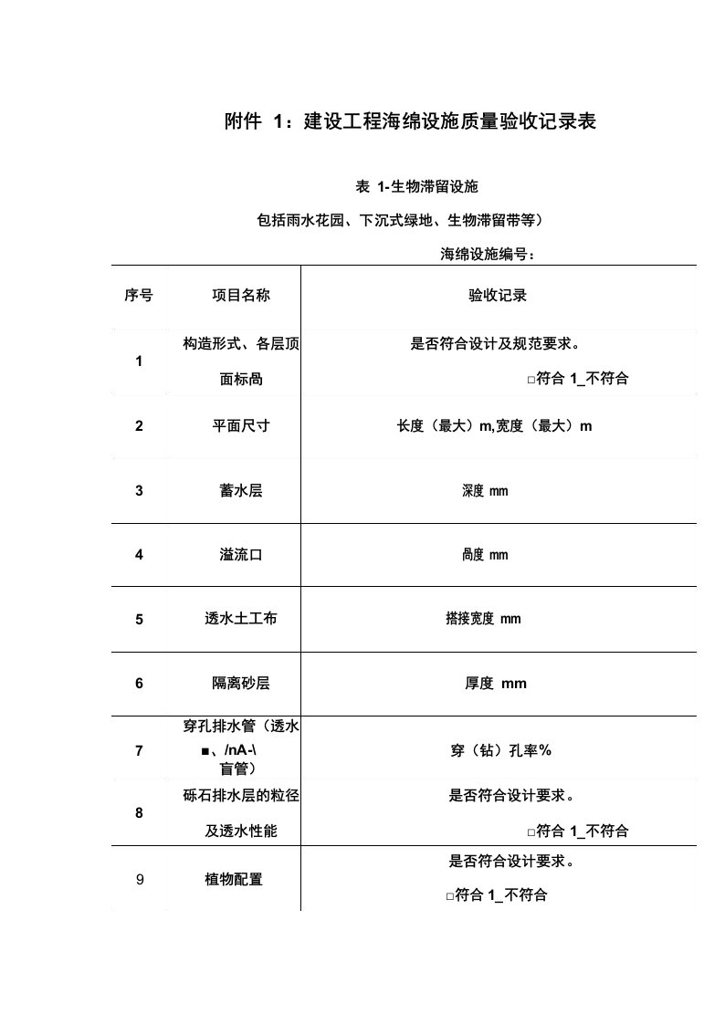 海绵城市验收记录表(重庆两江新区)