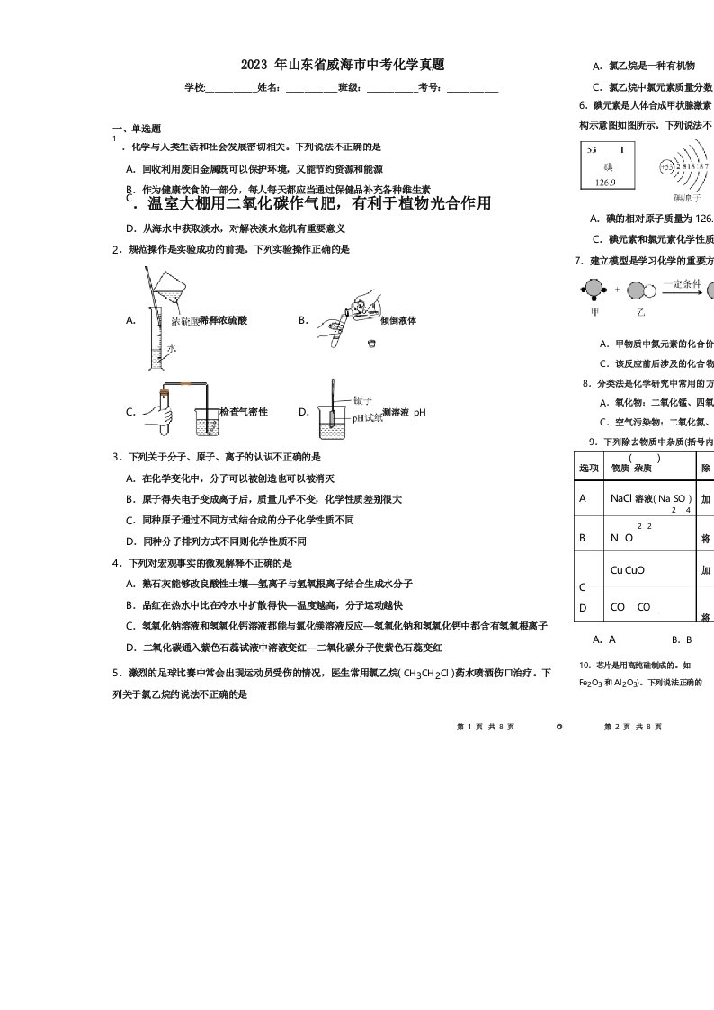 2023年山东省威海市中考化学真题