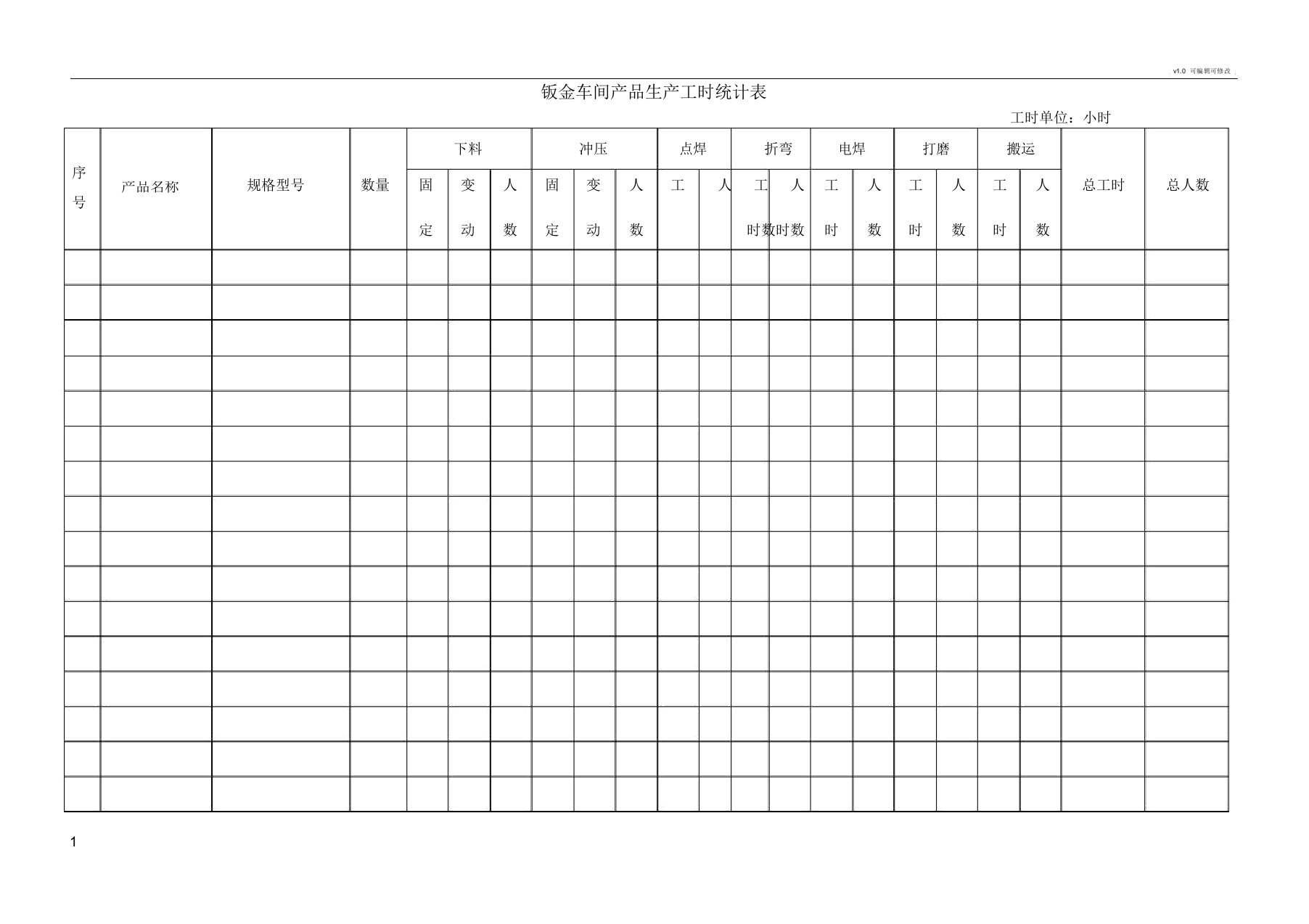 车间产品生产工时统计表