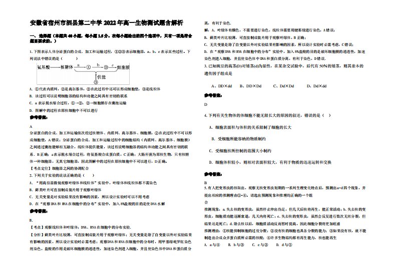 安徽省宿州市泗县第二中学2022年高一生物测试题含解析