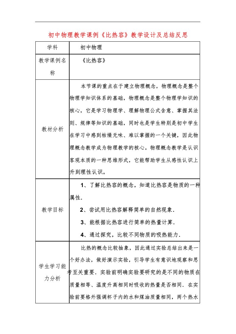 初中物理教学课例《比热容》课程思政核心素养教学设计及总结反思