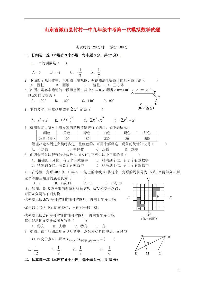 山东省微山县付村一中中考数学第一次模拟试题