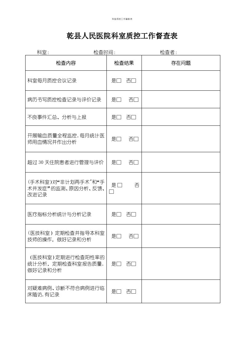 科室质控工作督查表