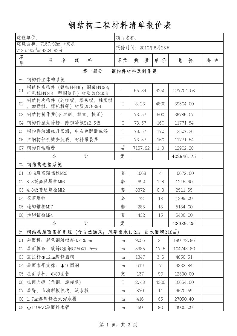 建筑资料-钢结构工程报价表