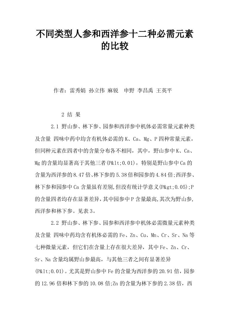 不同类型人参和西洋参十二种必需元素的比较