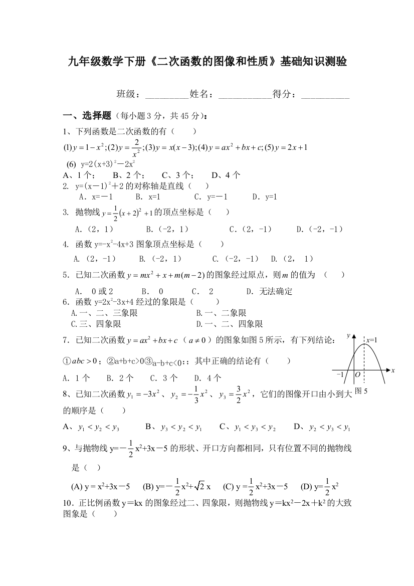 【小学中学教育精选】二次函数的图像和性质基础知识测试题