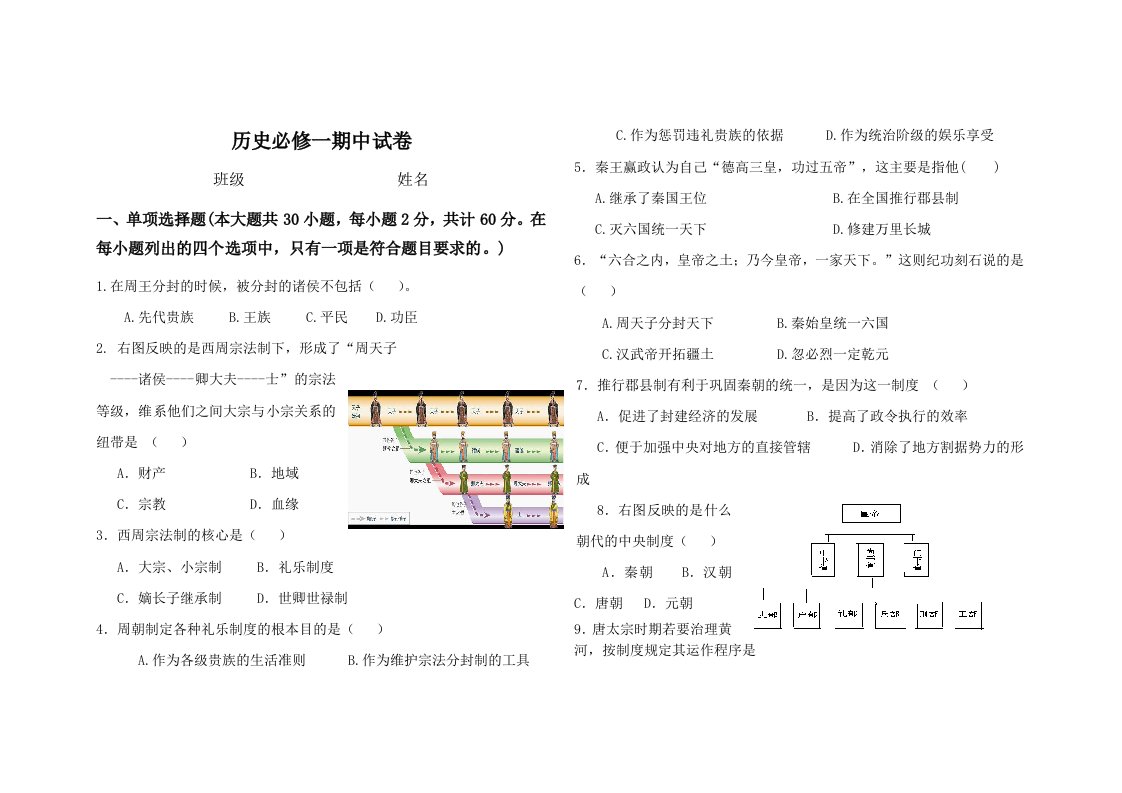 历史必修中国史试卷