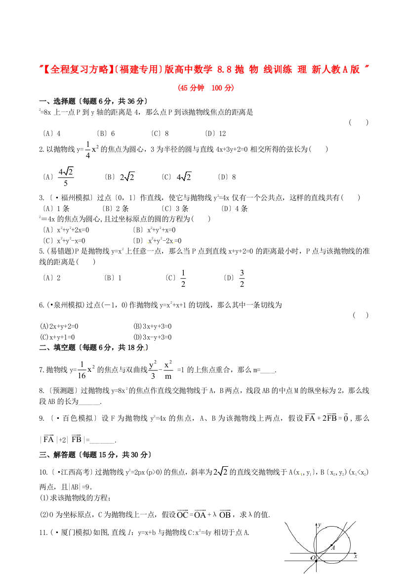 （整理版）高中数学88抛物线训练理新人教