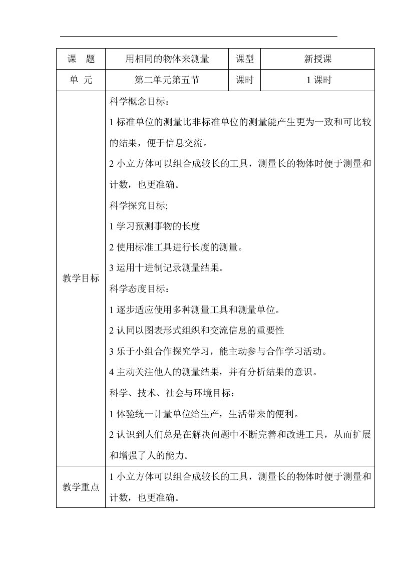 2017教科版科学一上2.5《用相同的物体来测量》