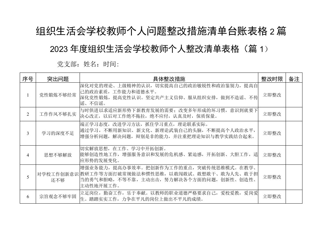 组织生活会学校教师个人问题整改措施清单台账表格2篇