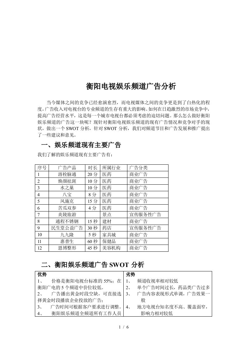 衡阳电视娱乐频道的广告分析