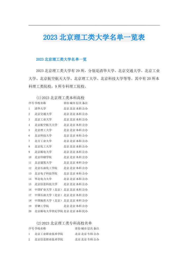 北京理工类大学名单一览表