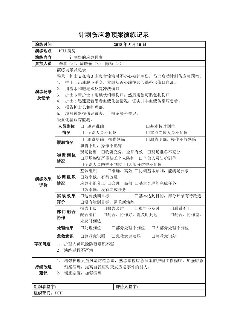 针刺伤应急预案演练记录