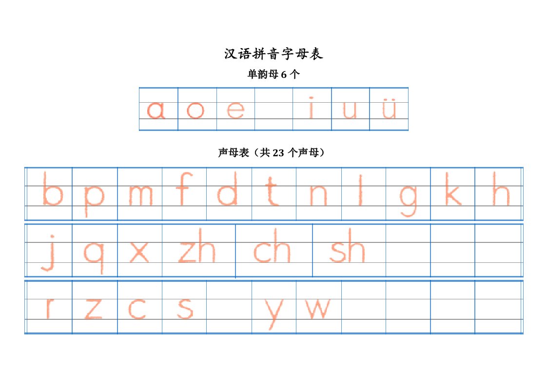 汉语拼音字母表-四线格书写