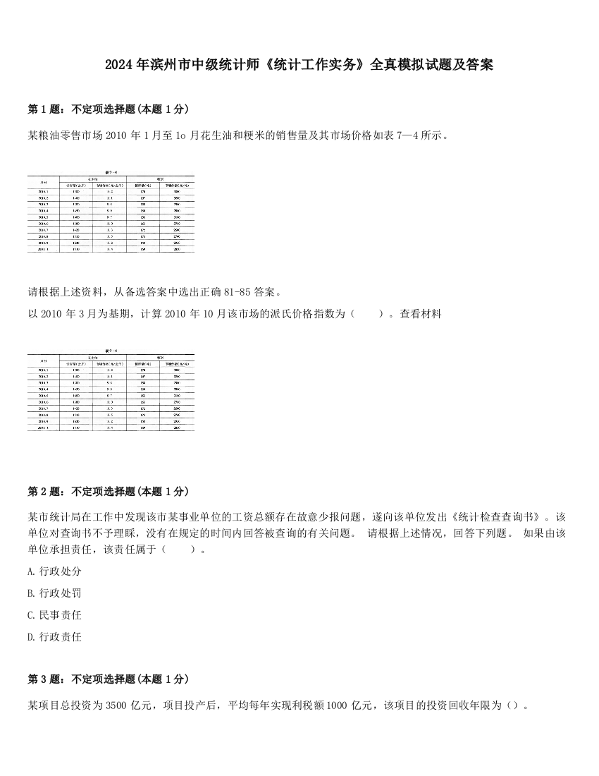 2024年滨州市中级统计师《统计工作实务》全真模拟试题及答案