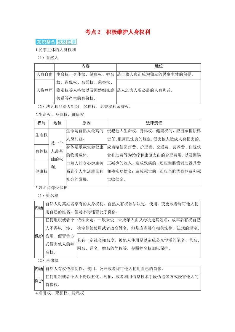 备考2024届高考政治一轮复习讲义选择性必修2第一课民事权利与义务第一课时在生活中学民法用民法考点2积极维护人身权利