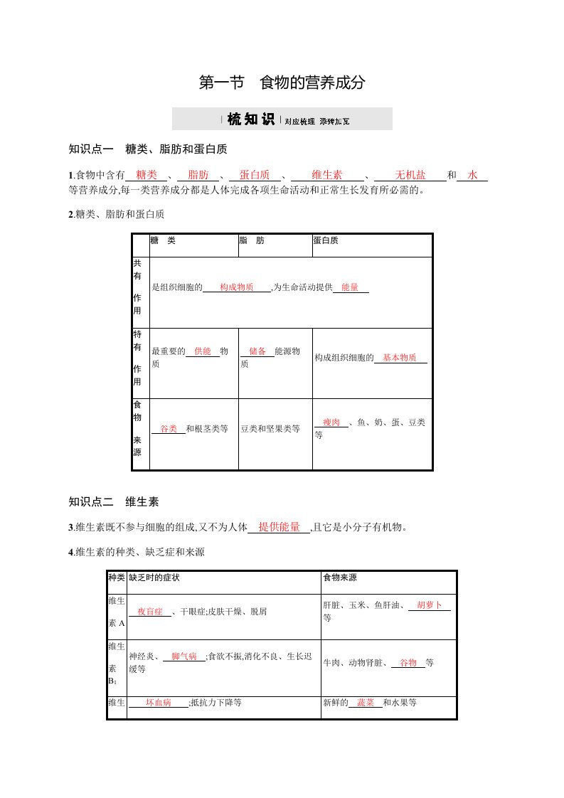 2018济南版生物七年级下册1.1《食物的营养成分》练习题