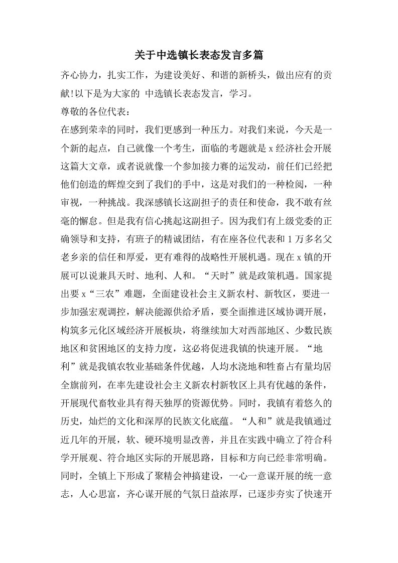 关于当选镇长表态发言多篇