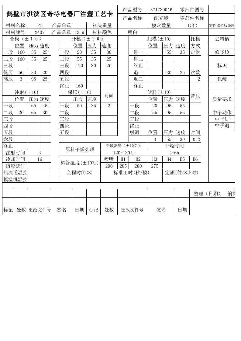 注塑工艺卡共用