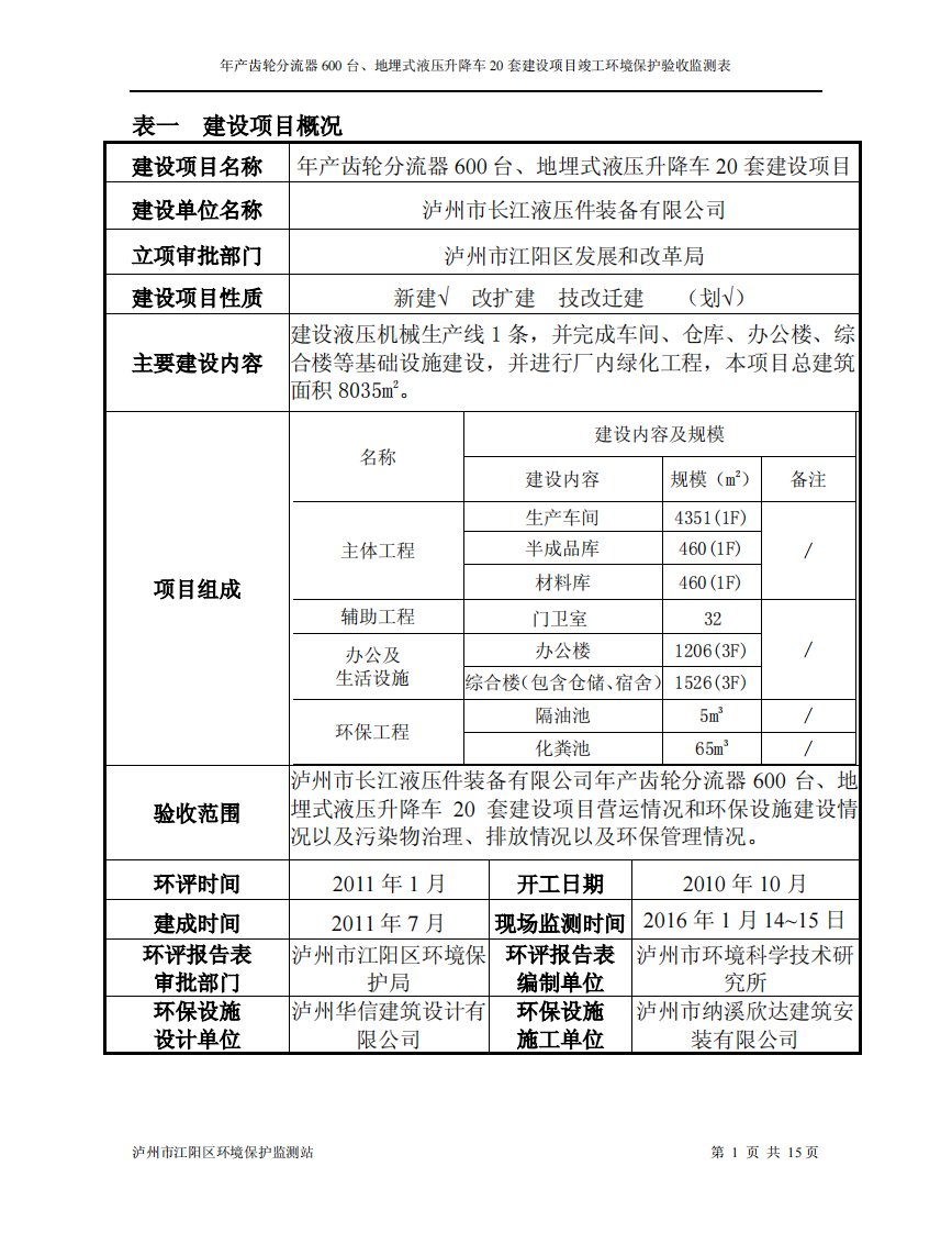 环境影响评价报告公示：齿轮分流器台地埋式液压升降车库套泸州市江阳区泰安镇泸州机环评报告