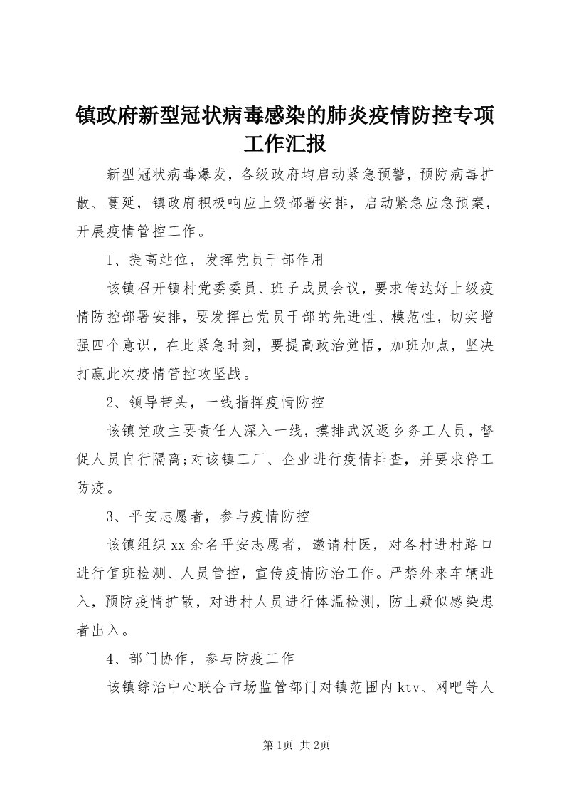 7镇政府新型冠状病毒感染的肺炎疫情防控专项工作汇报