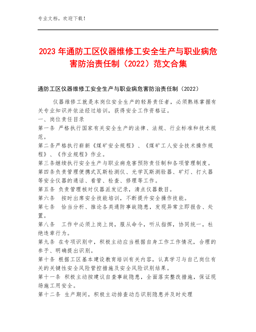 2023年通防工区仪器维修工安全生产与职业病危害防治责任制（2022）范文合集