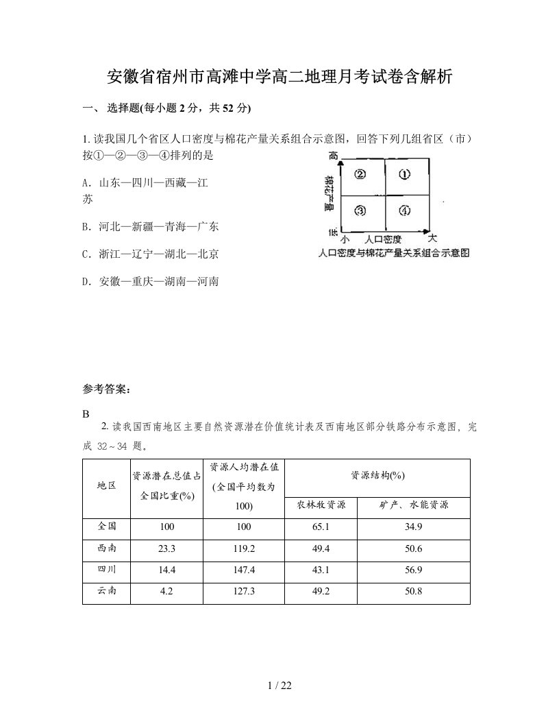 安徽省宿州市高滩中学高二地理月考试卷含解析