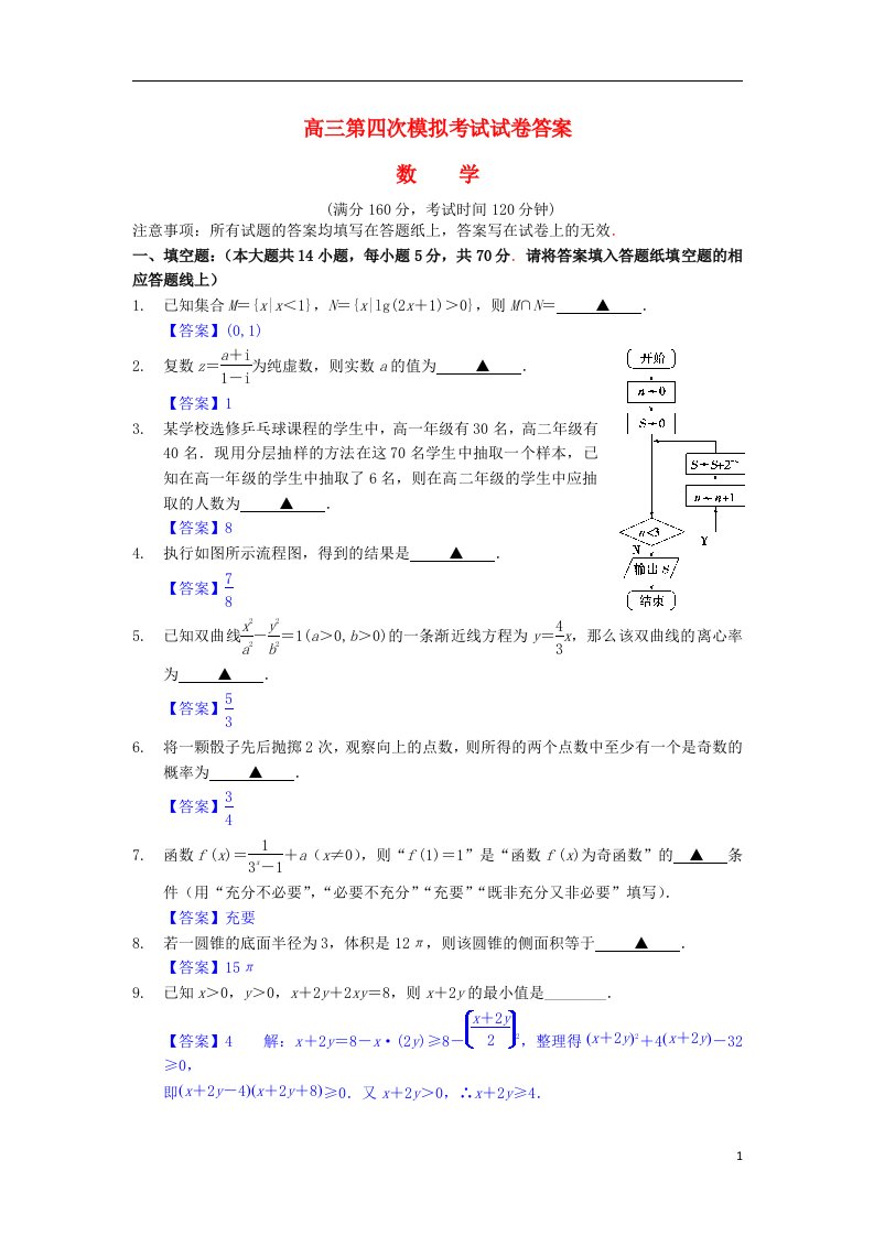 江苏省扬州中学高三数学第四次模拟考试（5月）试题