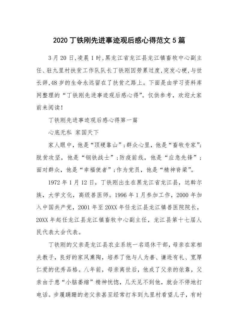 2020丁铁刚先进事迹观后感心得范文5篇